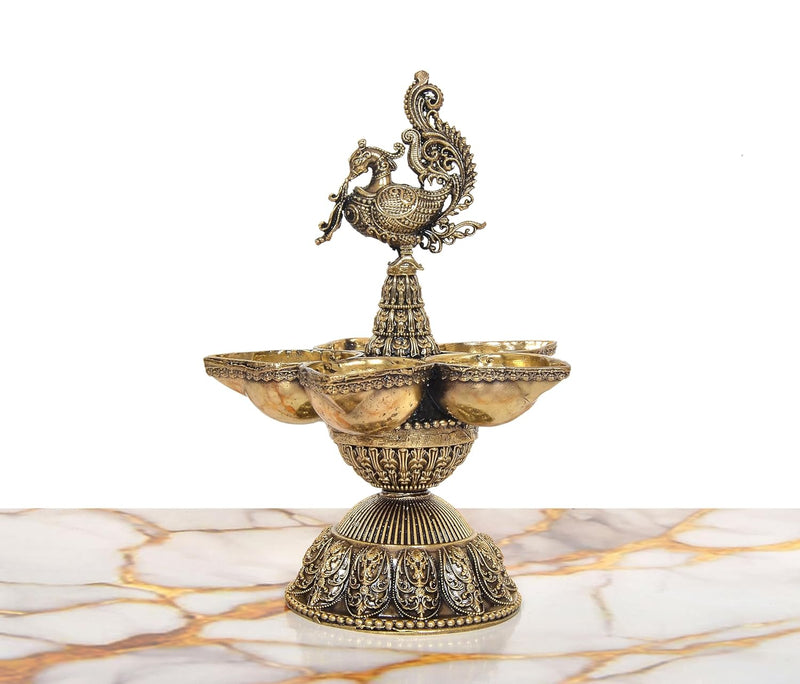 Bronze Oil Lamp On Peacock | Five Diya Stand (Height: 6.5 Inches)
