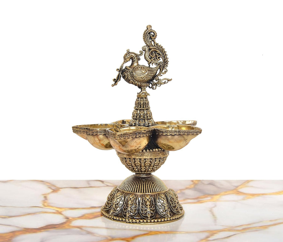 Superfine Brass Oil Lamp On Peacock | Five Diya Stand (Height: 6.5 Inches) Craft Detail