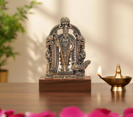Superfine Brass Standing Lord Kartikeya with Peacock and Kirtimukha Prabhavali Murugan Murti (Height:3 Inch)