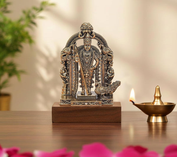 Superfine Brass Standing Lord Kartikeya with Peacock and Kirtimukha Prabhavali Murugan Murti (Height:3 Inch)