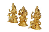 Brass Ganesh Lakshmi Saraswati statue set from side angles, three seated figures