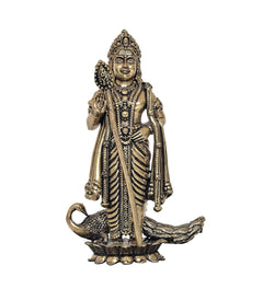 Superfine brass Murugan statue, 4 inch, raised hand, peacock at feet