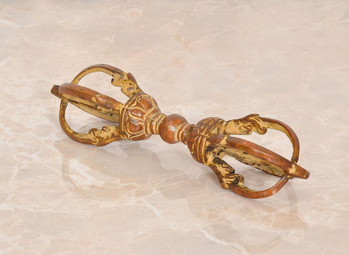 Brass small eight-pronged dorje with multicolor patina, side view