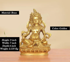 Golden brass Kuber Bhagwan murti, seated, 9 inch height, ornate detailed base