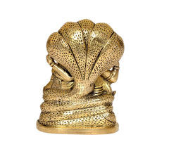 Brass Sheshnag hood detail behind Vishnu-Lakshmi idol statue, rear view