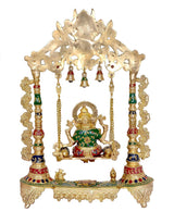 Brass Ganesha swing with multicolored accents, seated Ganesha, bells and canopy