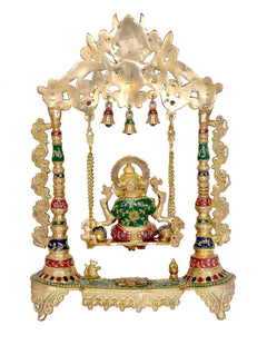 Brass Ganesha swing with multicolored accents, seated Ganesha, bells and canopy