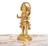 Golden brass Hanuman Ji statue, side profile view, arch handle and detailed ornaments.