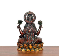 Lakshmi Brass Idol back view, draped figure and lotus pedestal