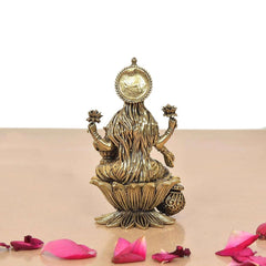 Brass Lakshmi idol from rear, circular medallion and draped ornamental design