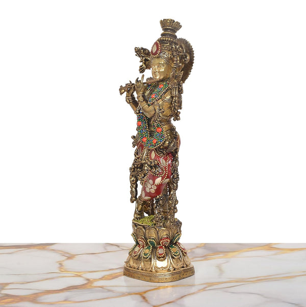 Superfine Brass Lord Krishna Sculpture Playing Flute (Height:10 Inch) Study Setting