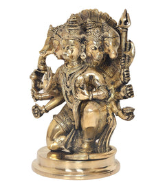 Brass panchmukhi Hanuman ji idol figurine, angled view with detailed crown and ornaments