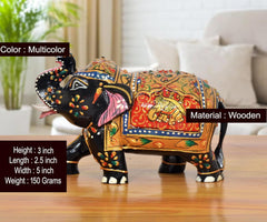 Wooden elephant showpiece, multicolor pattern on black body, 3 inch height