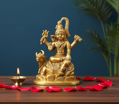 Brass Lord Shiva Sitting On Nandi Statue (Height: 6 Inches)