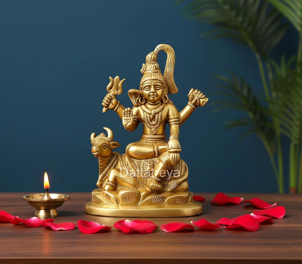 Brass Lord Shiva Sitting On Nandi Statue (Height: 6 Inches)