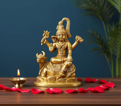 Gold brass Shiva on Nandi statue, hands raised, 6-inch height