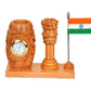 Wooden Pen Stand Stand Holder with with Ashoka Stambh and Watch | Gifting Item | Height : 4.5 inches