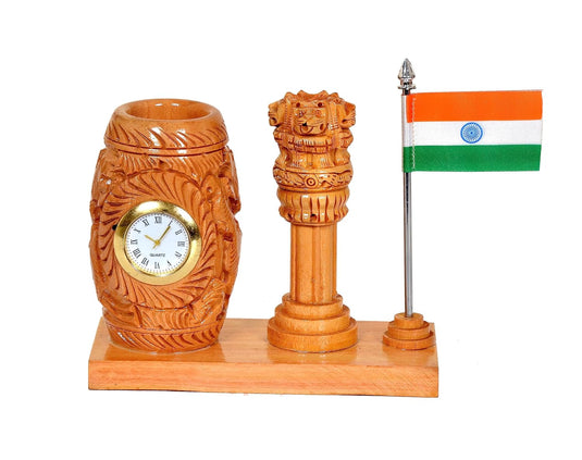 Image Wooden Pen Stand Stand Holder with with Ashoka Stambh and Watch | Gifting Item | Height : 4.5 inches