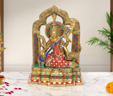 Brass Goddess Saraswati On Throne Idol (Height: 11 inch)