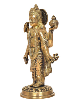 Brass Dhanvantri deity statue in side view, holding symbols and standing on pedestal base