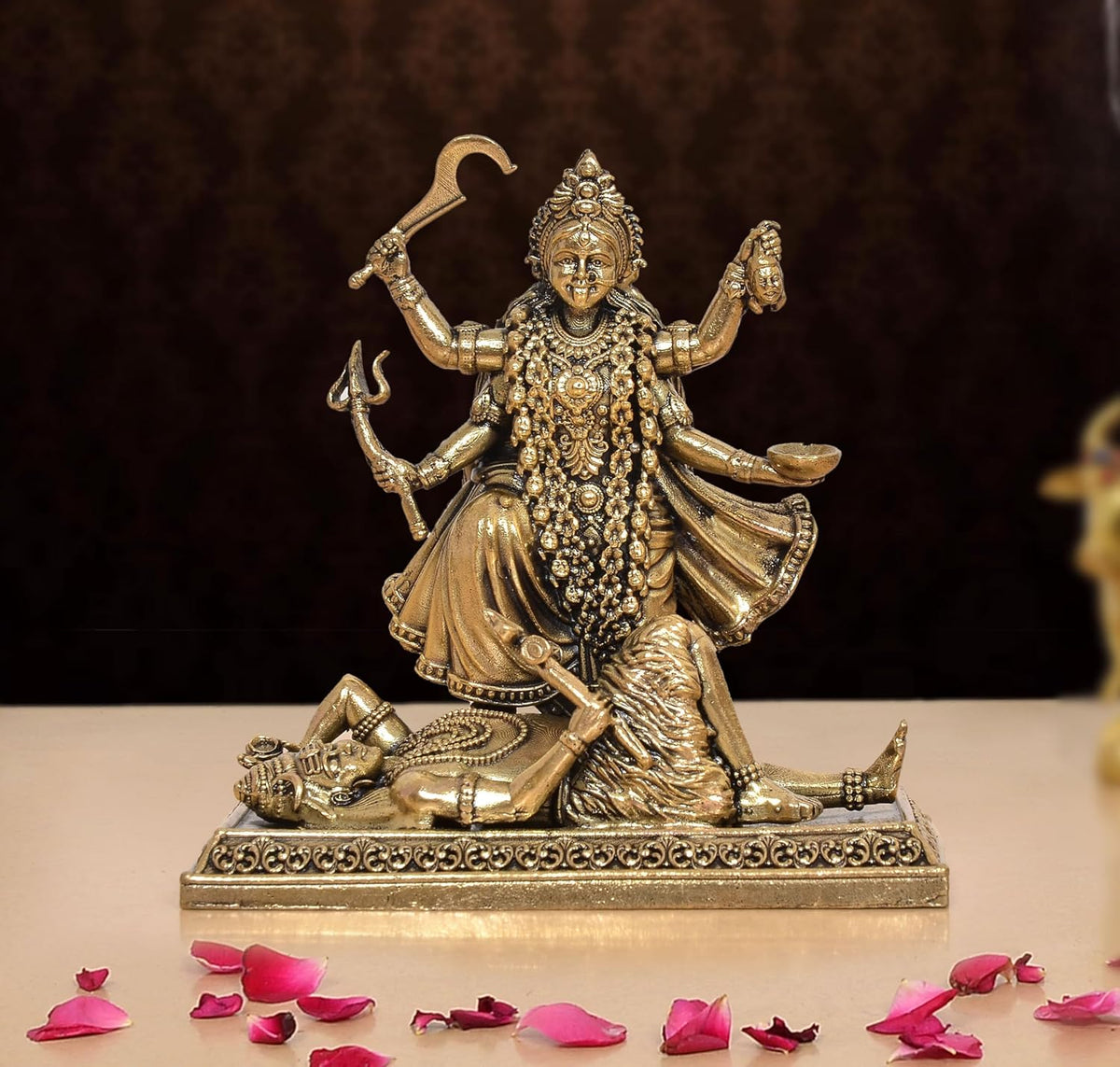 Superfine brass Mahakaali idol with Shivji, 4-inch tall, ornate multi-armed seated pose