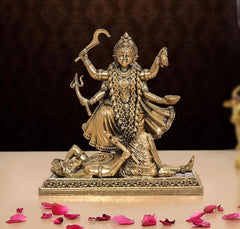 Superfine brass Mahakaali idol with Shivji, 4-inch tall, ornate multi-armed seated pose