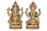 Brass Lakshmi Ganesh statue front view, gold finish with multicolor adornments