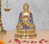 Brass Buddha statue in Dhyan Mudra, multicolour patterned robes, seated height 8 inch