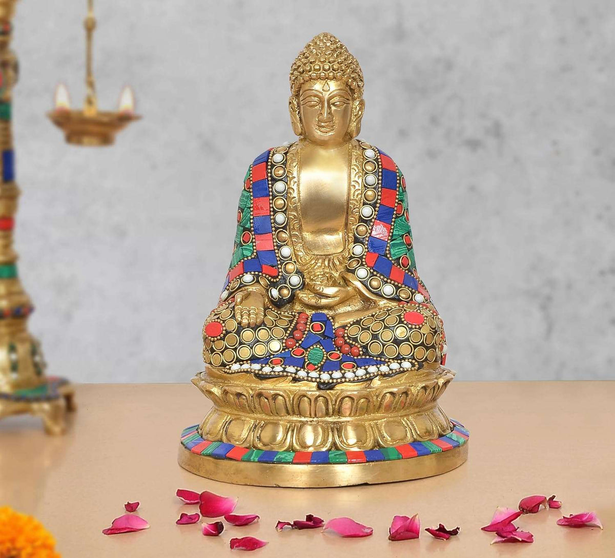 Brass Buddha statue in Dhyan Mudra, multicolour patterned robes, seated height 8 inch