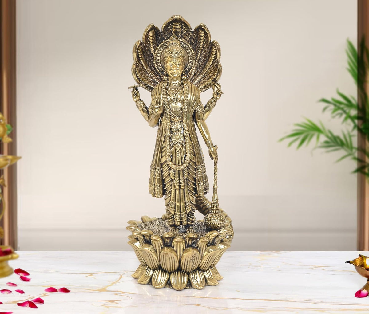 Superfine Brass Vishnu Standing Statue on Lotus with Sheshnag (Height: 11 inch)