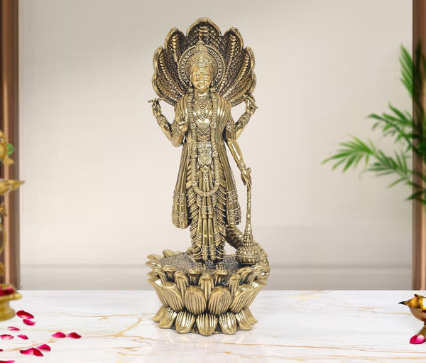 Superfine Brass Vishnu Standing Statue on Lotus with Sheshnag (Height: 11 inch)