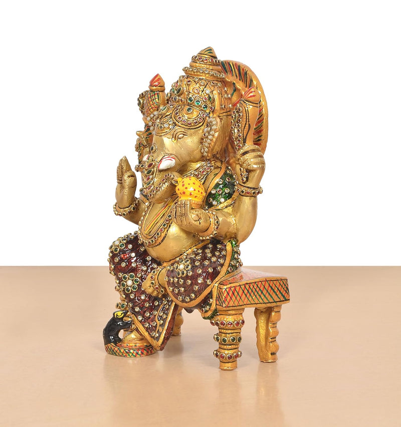 Brass Ganesha Statue Sitting On Chowki (Height 8 Inch)