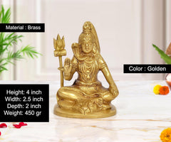 Brass Lord Shiva sculpture, golden finish; blessing pose with trident, 4-inch height