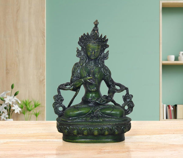 Brass Sitting Tara Devi Statue Tibetan Buddhist Deity (Height 9 Inch)