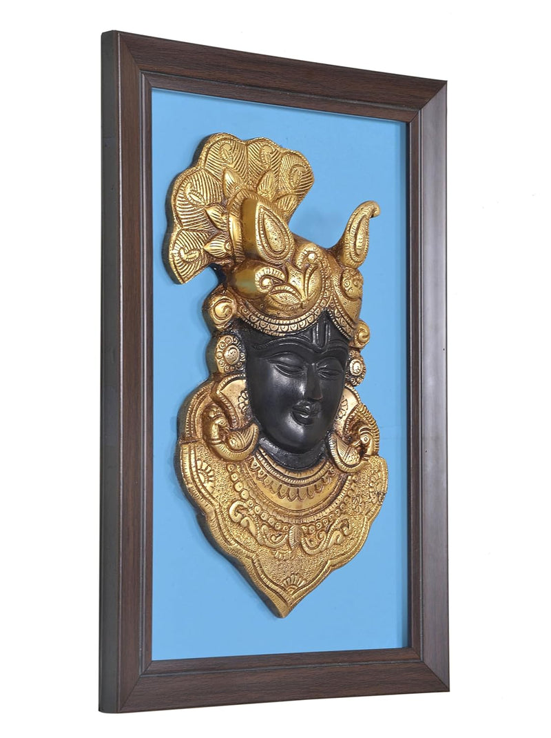 Brass Shreenathji Face Mask with Fram Idol Wall Hanging Good Luck for Temple Home Door Mandir and Office (Height 15 Inch)