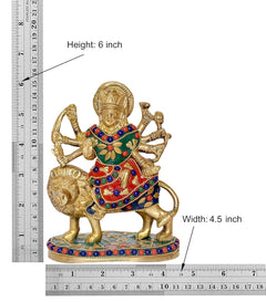 6-inch Durga Maa brass idol on lion; height and width shown with measuring tape