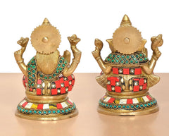 Brass Lakshmi Ganesh statue, back view, multicolor beaded belt and decorative circular back