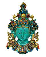 Green resin Tara wall mask statue, front view with painted face and gold earrings