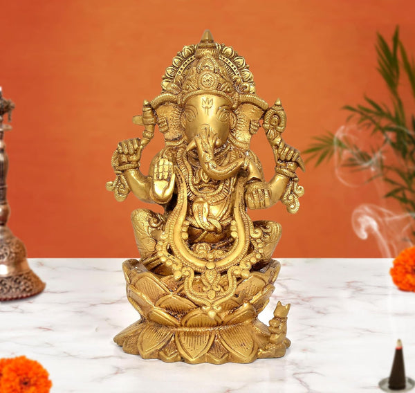 Brass Lord Ganesha Sitting On Lotus Sculpture (Height 9.5 Inch)