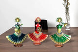 AONA iron folk musician figurines: red, green, and teal dressed performers with instruments