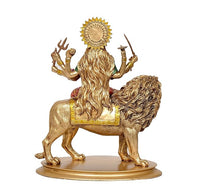 Resin Sherawali Mata murti on lion, rear view with golden crown and long hair detail