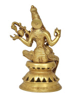 Brass Saraswati idol back/side view, detailed ornaments and seated lotus base