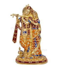 Brass Radha-Krishna standing figurine, multicolour dress and golden peacock-flute motif