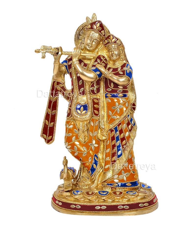 Brass Standing Radha Krishna Idol with Peacock Playing Flute (Height 12 Inches) (Multicolour)