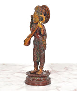 Maa Saraswati brass standing sculpture, side view with trident-like staff