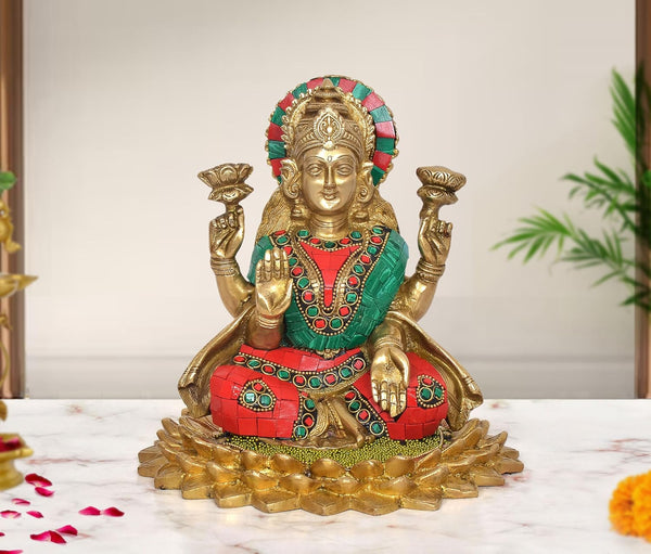 Brass Lakshmi Seated on Lotus Base Idol (Height: 8 inch)