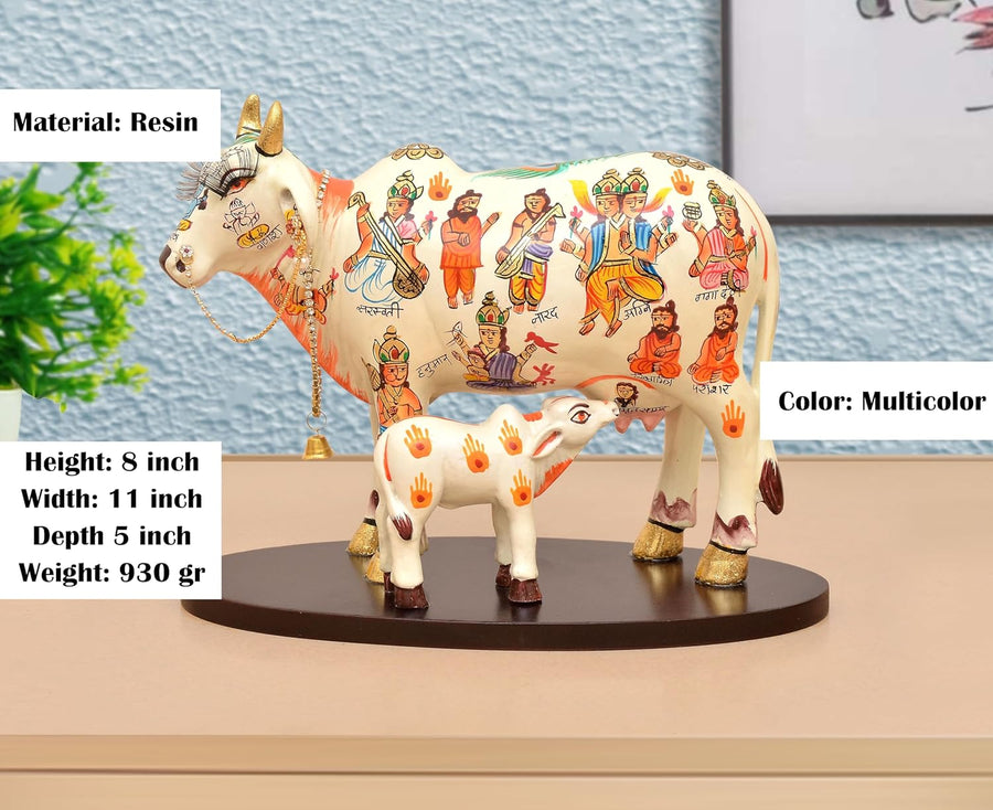 Resin Kamdhenu Cow with Calf God Figure Statue (Height: 8 Inch) (White) Craft Detail