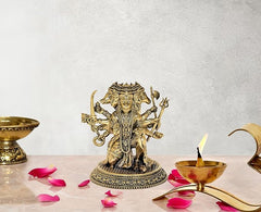 Brass Panchmukhi Hanuman idol figurine, multi-faced deity on ornate round base