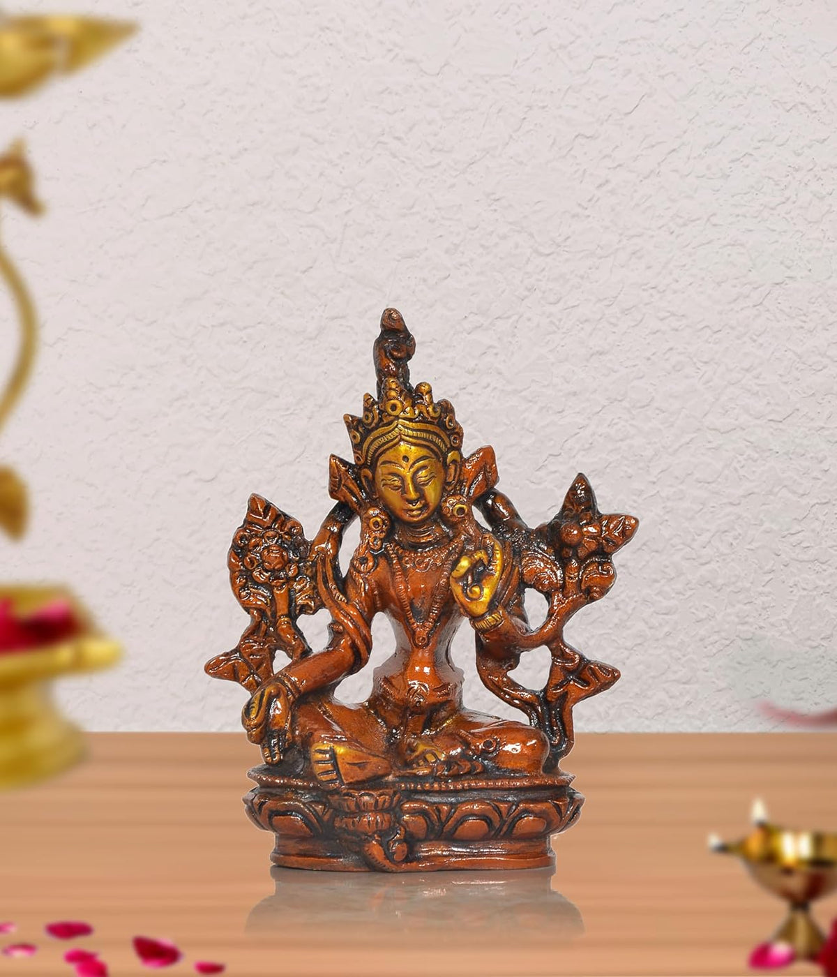 Brass Tara Devi statue, seated with ornate crown and four attendants, 4 inch height