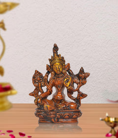 Brass Tara Devi statue, seated with ornate crown and four attendants, 4 inch height